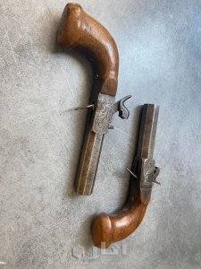مسدس قديم صنع عام 1870 م فرنسي دمشقي - Paire de duel -  مسدس جيب - عيار 18 ملم 7