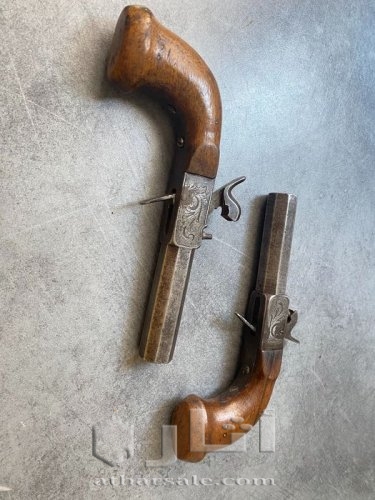 مسدس قديم صنع عام 1870 م فرنسي دمشقي - Paire de duel -  مسدس جيب - عيار 18 ملم
