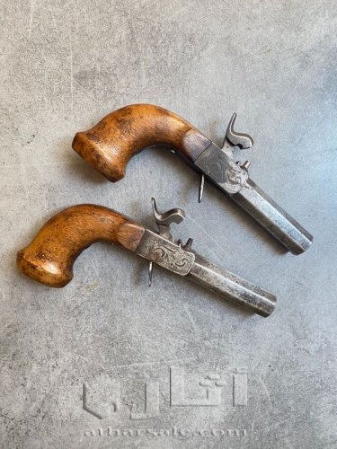 مسدس قديم صنع عام 1870 م فرنسي دمشقي - Paire de duel -  مسدس جيب - عيار 18 ملم