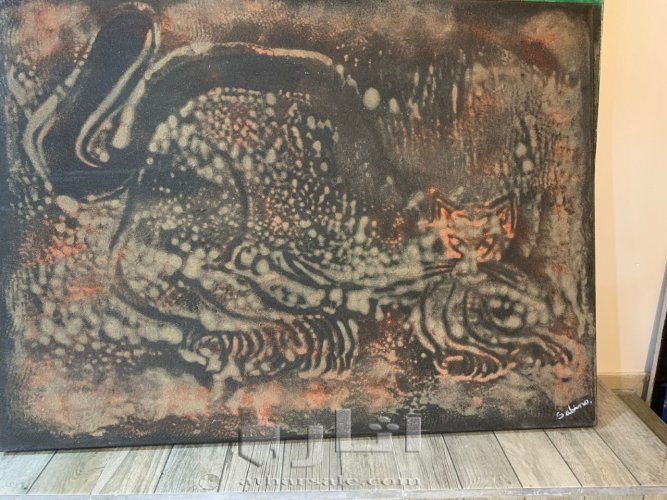 gato القطه الخفيه رسمت من الوان وتراب البحر بمقاس ٧٠- ١٢٠ سم قماش للرسام سابينو لوبز  sabino lopez aquino صنعت من تراب الحر وحددت بريشه صبغ