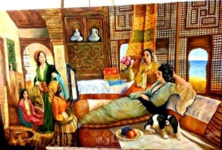 لوحة فنية استشراق ( سيدة ثرية وخادماتها )