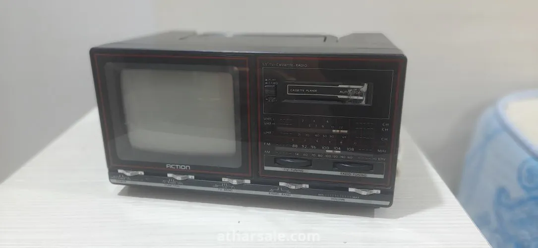Old 5.5 inch black and white TV, radio and cassette player from 1985 action 6030t