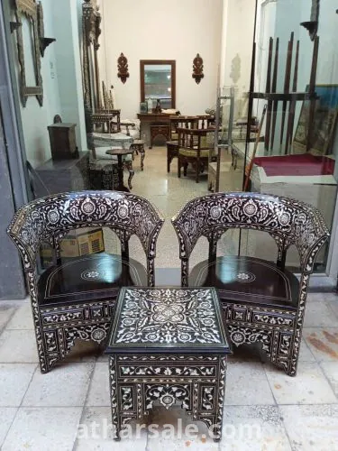 كرسين خشب الزان محفور يدويا ومصدف شغل دمشقي عريق