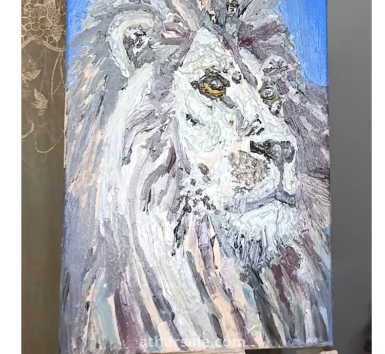 لوحة زيتية نادرة على القماش – رأس أسد واقعي