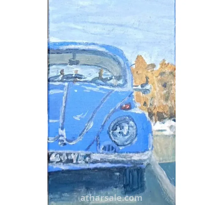 لوحة زيتية أصلية لسيارة فولكسفاغن كلاسيكية زرقاء