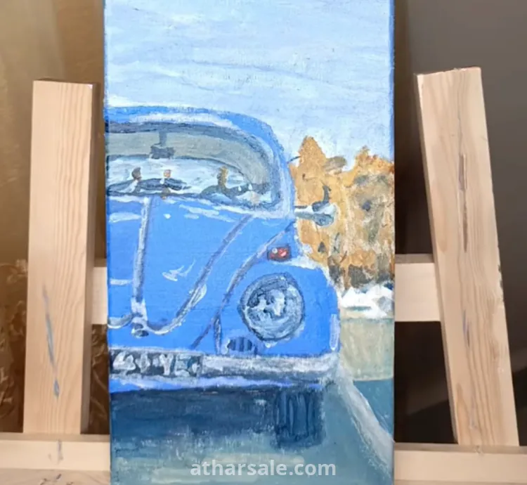 لوحة زيتية أصلية لسيارة فولكسفاغن كلاسيكية زرقاء
