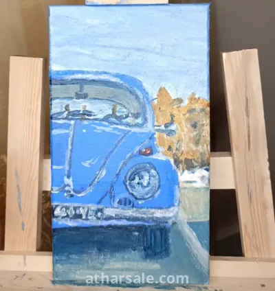 لوحة زيتية أصلية لسيارة فولكسفاغن كلاسيكية زرقاء 2