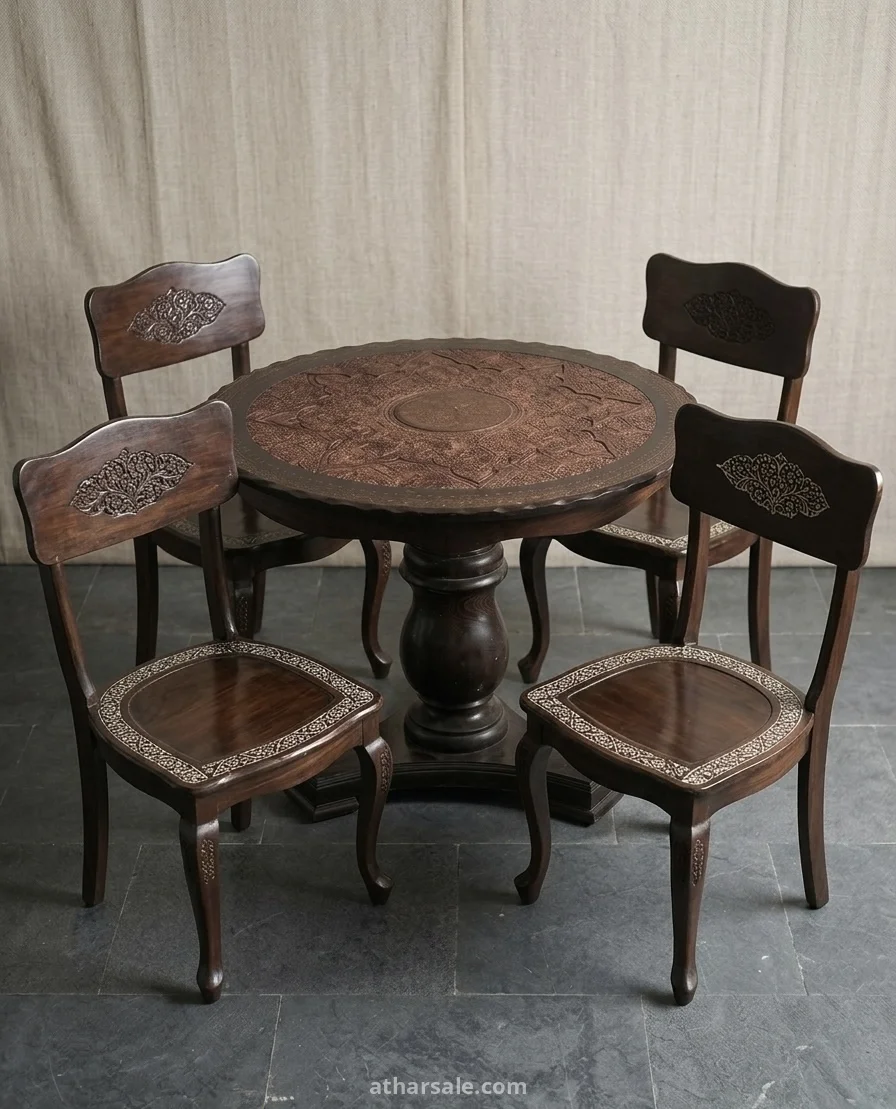 مائدة قديمة منقوشة ب اربع كراسي انتيك