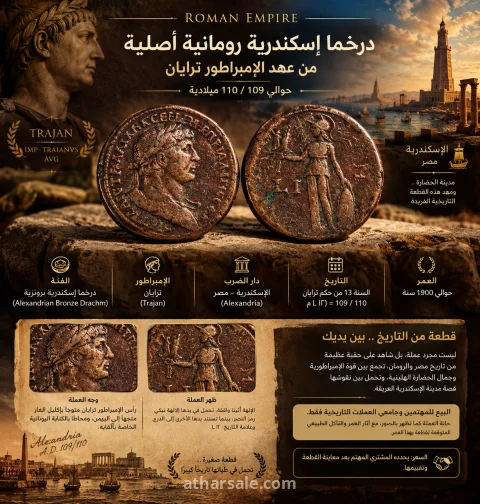 ?️ للبيع | درخما إسكندرية رومانية نادرة من عهد الإمبراطور ترايان – حوالي 109/110م 3