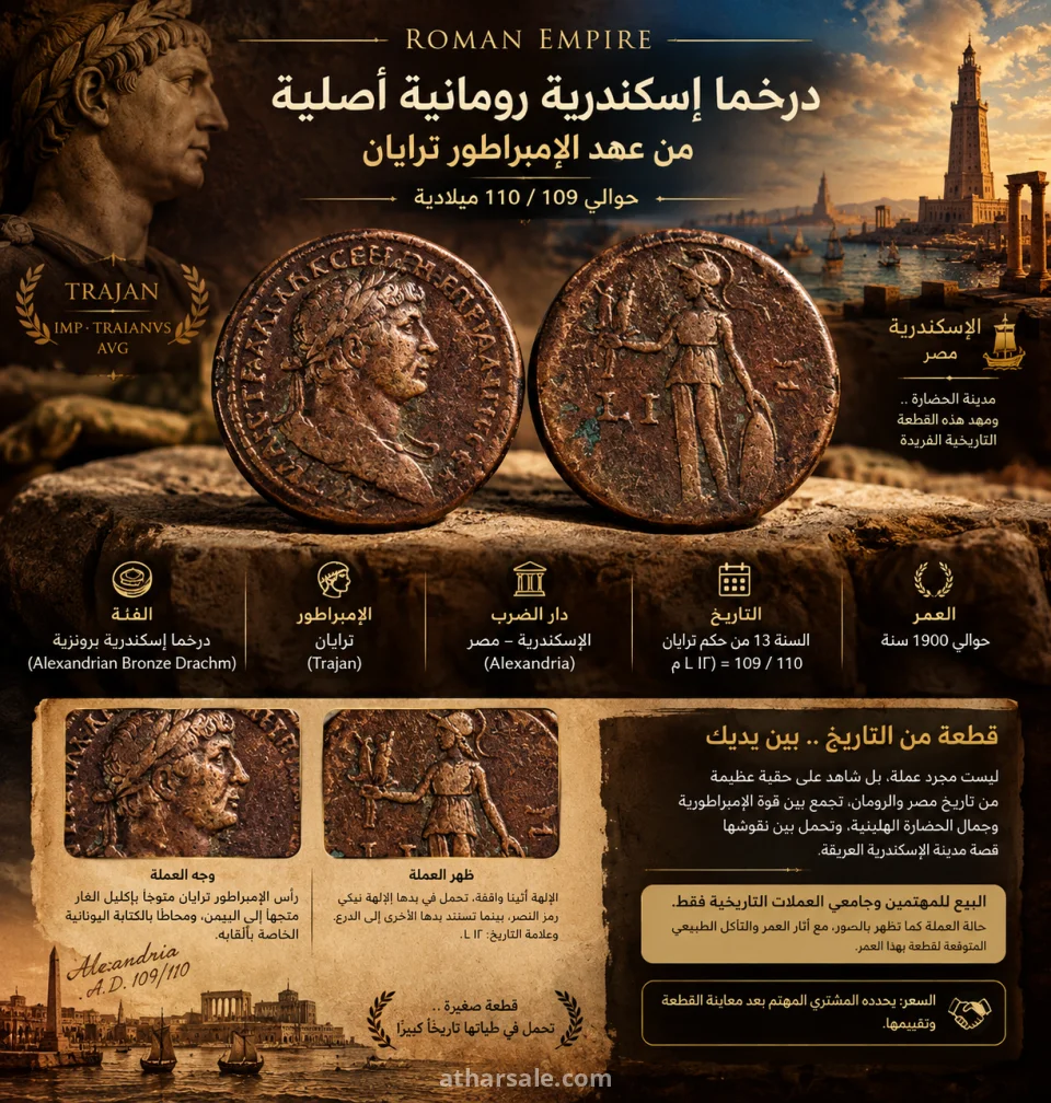?️ للبيع | درخما إسكندرية رومانية نادرة من عهد الإمبراطور ترايان – حوالي 109/110م